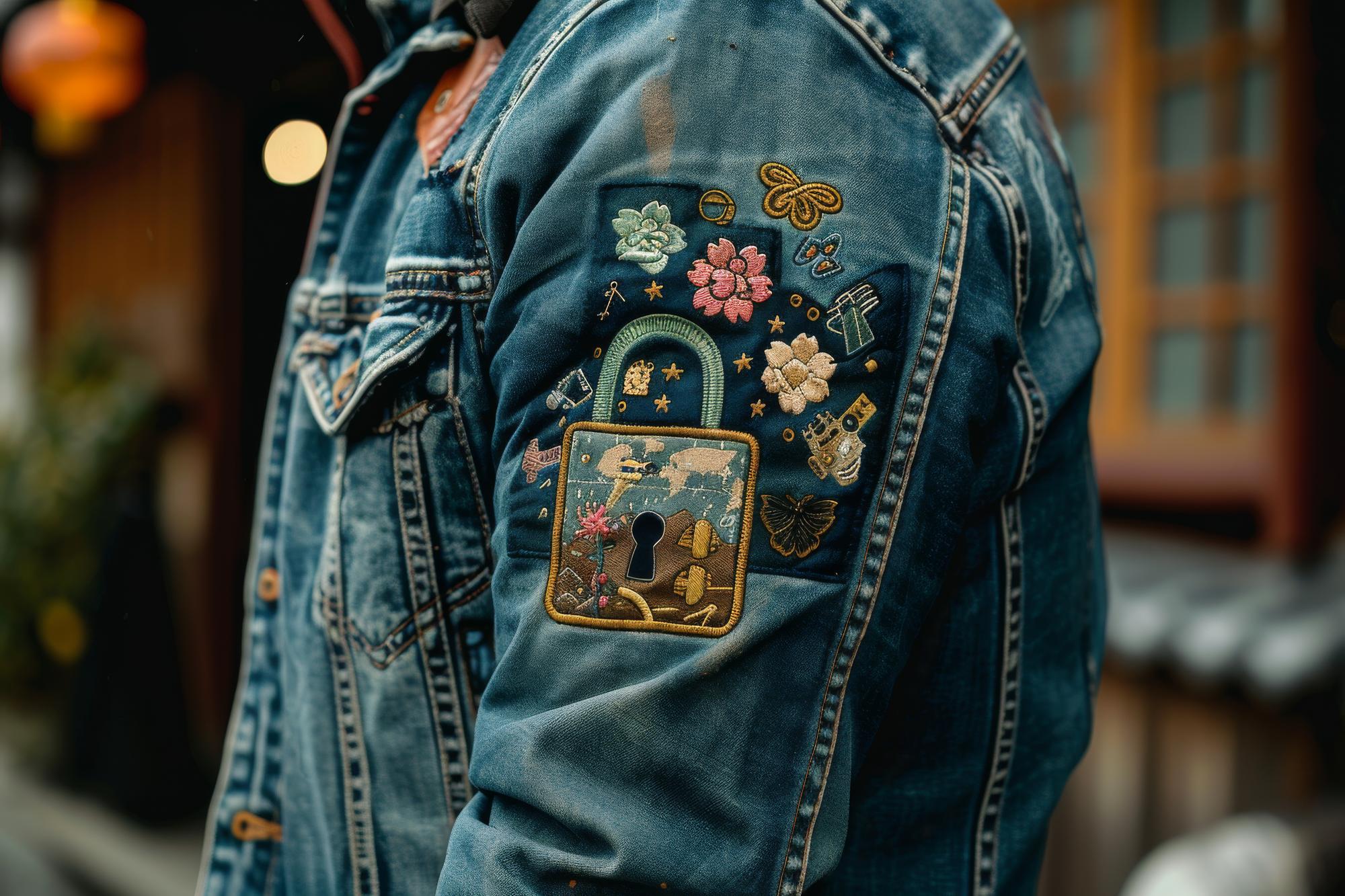 Embroidered badge on denim jacket